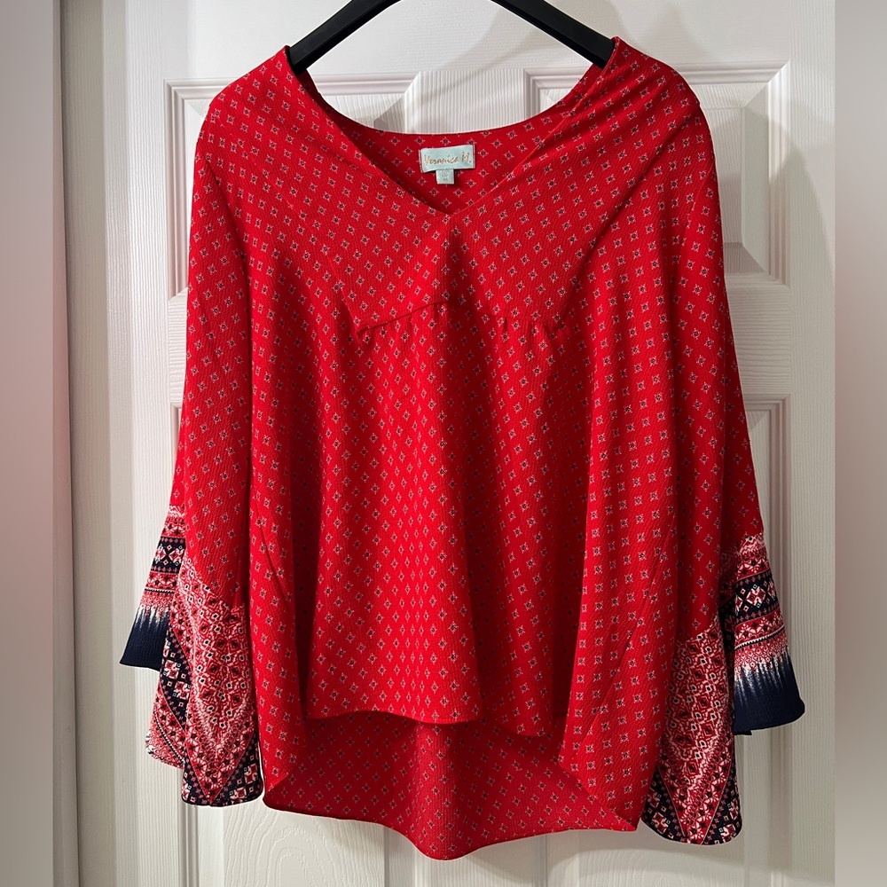 Veronica M Red Patterned Bell Sleeve Blouse Top